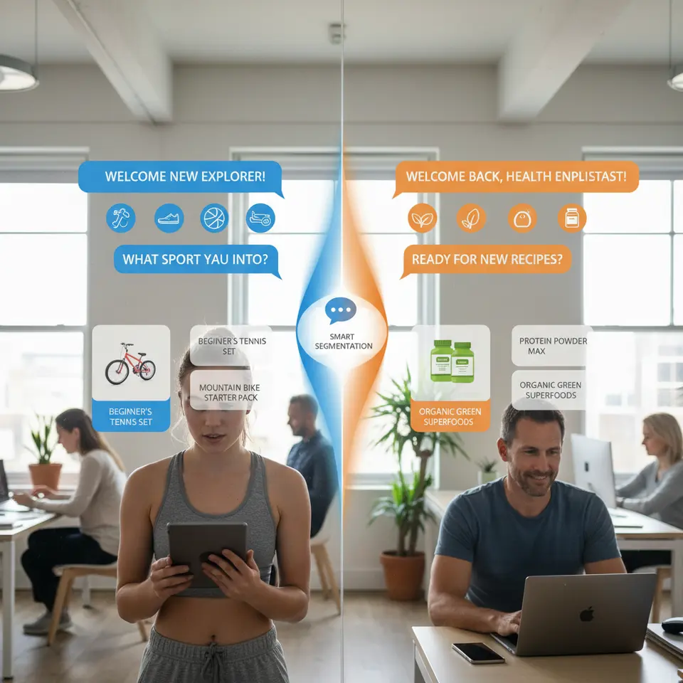 Seamless Audience Segmentation: An infographic-style chatbot interface splitting visitors into two color-coded paths—one side shows a first-time sports equipment explorer taking an interactive quiz, the other shows a returning weight-loss guide reader receiving targeted dietary supplement offers—each path illustrated with distinct chat bubbles, icons, and personalized product cards.