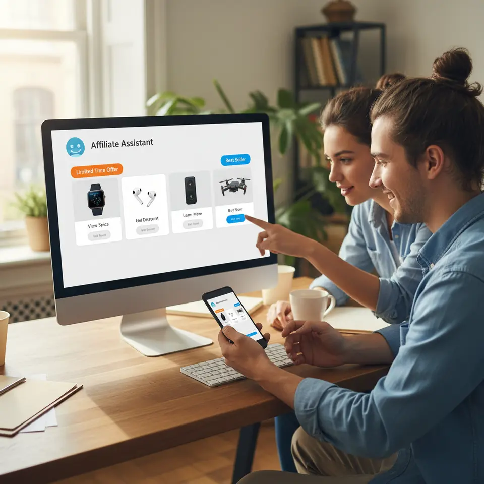 Dynamic Promotional Widgets: A chat window mockup (desktop and mobile) featuring rich in-chat media—a horizontal product carousel with images of top-selling affiliate items, quick-reply buttons like “View Specs” and “Get Discount,” and dynamic badges labeled “Limited Time Offer” and “Best Seller” to emphasize urgency and boost click-through.