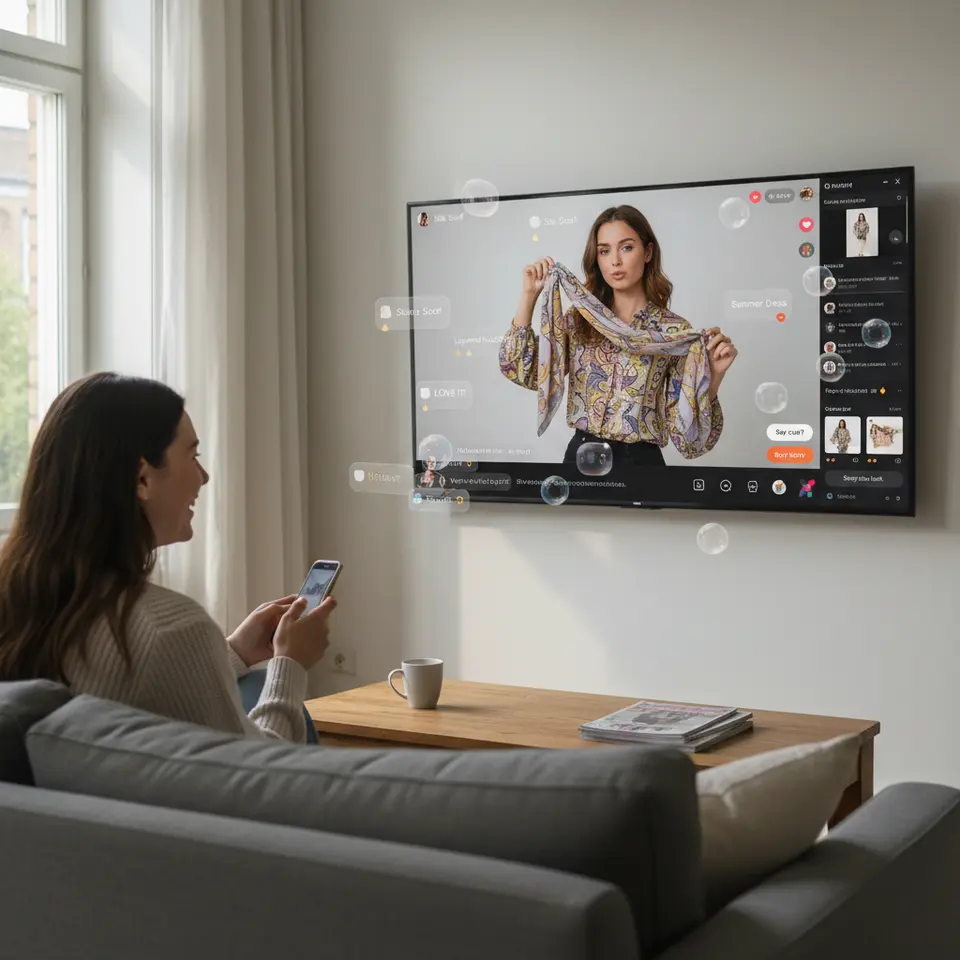 An illustrative scene of TikTok’s in-app shopping and live-stream integration: a creator on screen demonstrating a product, overlaid shopping tags and “Buy Now” buttons floating around the video, viewer comment icons popping up, and a sidebar showing live audience reactions and clickable product links.