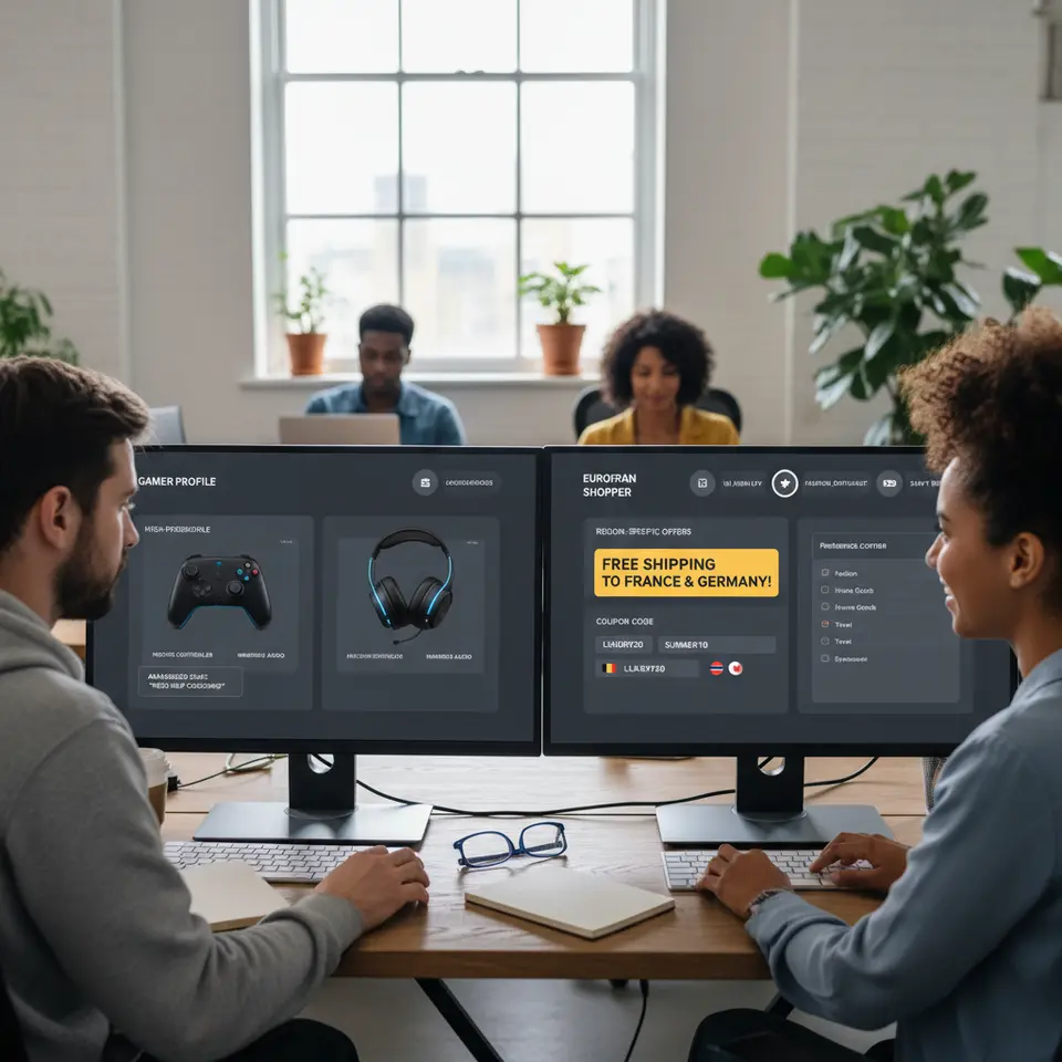 Personalization & Audience Segmentation Strategies: A split-screen dashboard showing dynamic AI-powered recommendations for two user personas. On one side, a gamer profile sees high-performance controllers and headset suggestions; on the other, a shopper in Europe views region-specific shipping discounts and localized coupon codes. Overlay behavioral triggers (e.g., pop-up for abandoned chat), a preference-center form, and segment tags to illustrate hyper-relevant, data-driven affiliate offers.