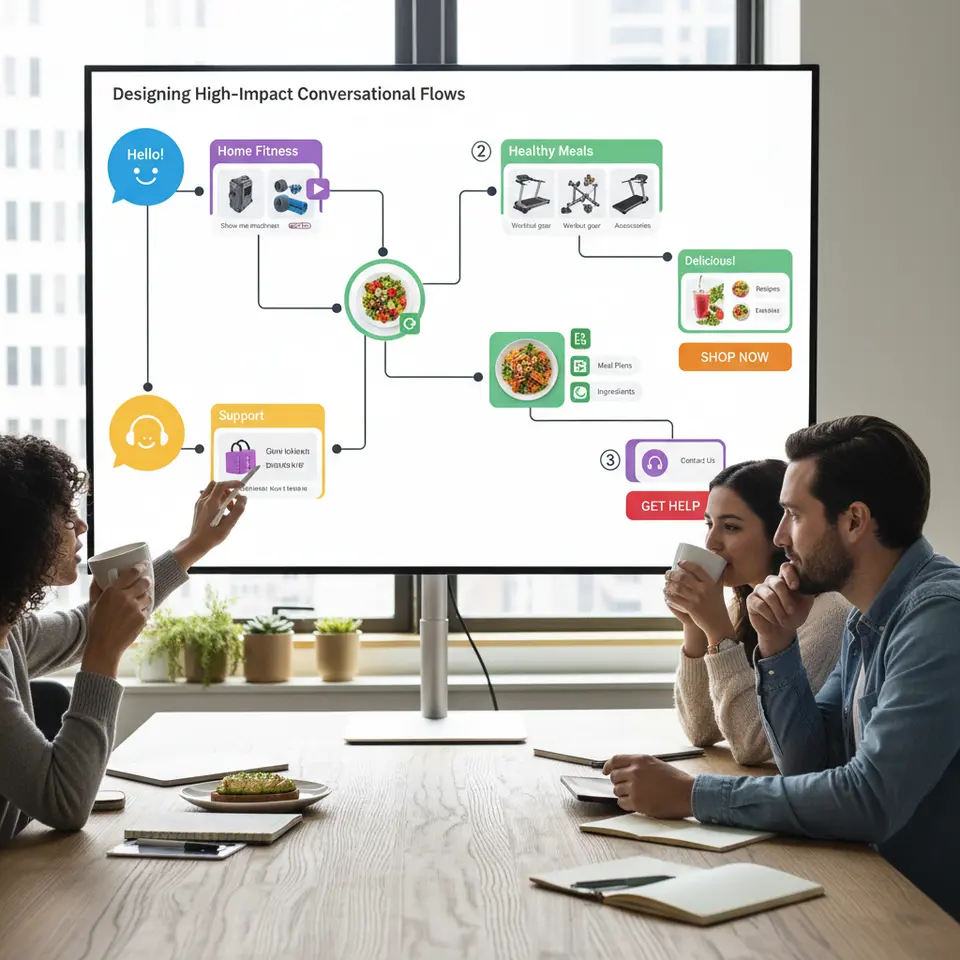 Designing High-Impact Conversational Flows: A colorful flowchart diagram of a chatbot conversation. At the start, a welcome bubble splits into multiple branches—one path leads to home fitness product carousels with quick-reply buttons, another to healthy meal plan suggestions with images and GIFs. Each branch ends in bold call-to-action buttons like “Shop Now” or “Claim Your Discount.” Include icons for videos, emojis in chat bubbles, and step numbers to highlight branching logic.