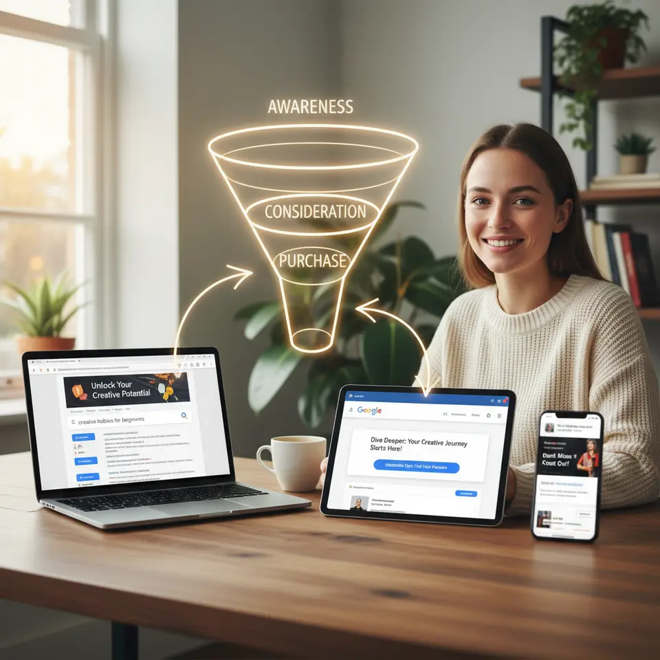 A visual buyer’s journey map that flows from awareness to purchase: top-of-funnel educational blog posts and SEO search results, mid-funnel email drip campaigns and interactive quizzes, late-funnel retargeting ads and cart-abandonment reminders—depicted as a multi-step funnel across desktop, tablet and mobile devices with arrows showing seamless transitions between touchpoints.