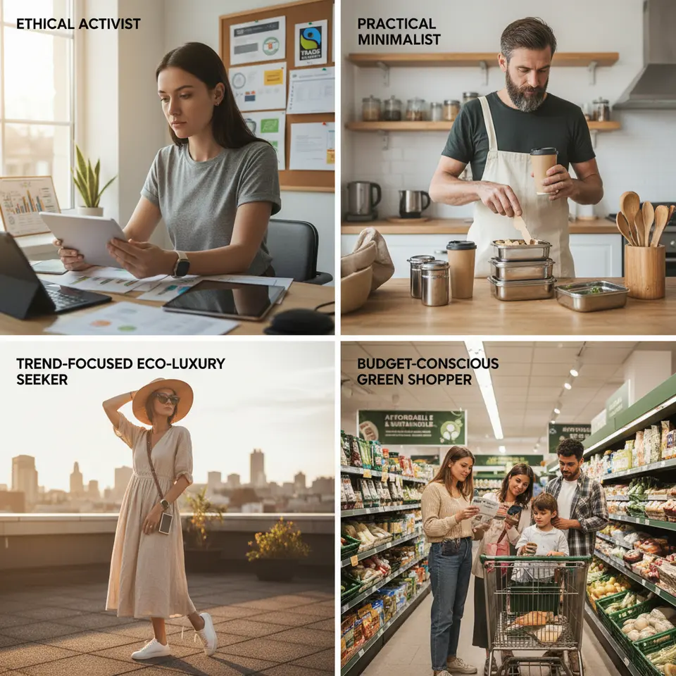 An infographic depicting the four primary green consumer personas: the Ethical Activist examining brand sustainability reports and certification badges; the Practical Minimalist using durable, multi-use items like stainless steel containers; the Trend-Focused Eco-Luxury Seeker showcasing plant-based sneakers and solar-powered accessories in a chic lifestyle setting; and the Budget-Conscious Green Shopper comparing coupon deals at an eco-friendly store.