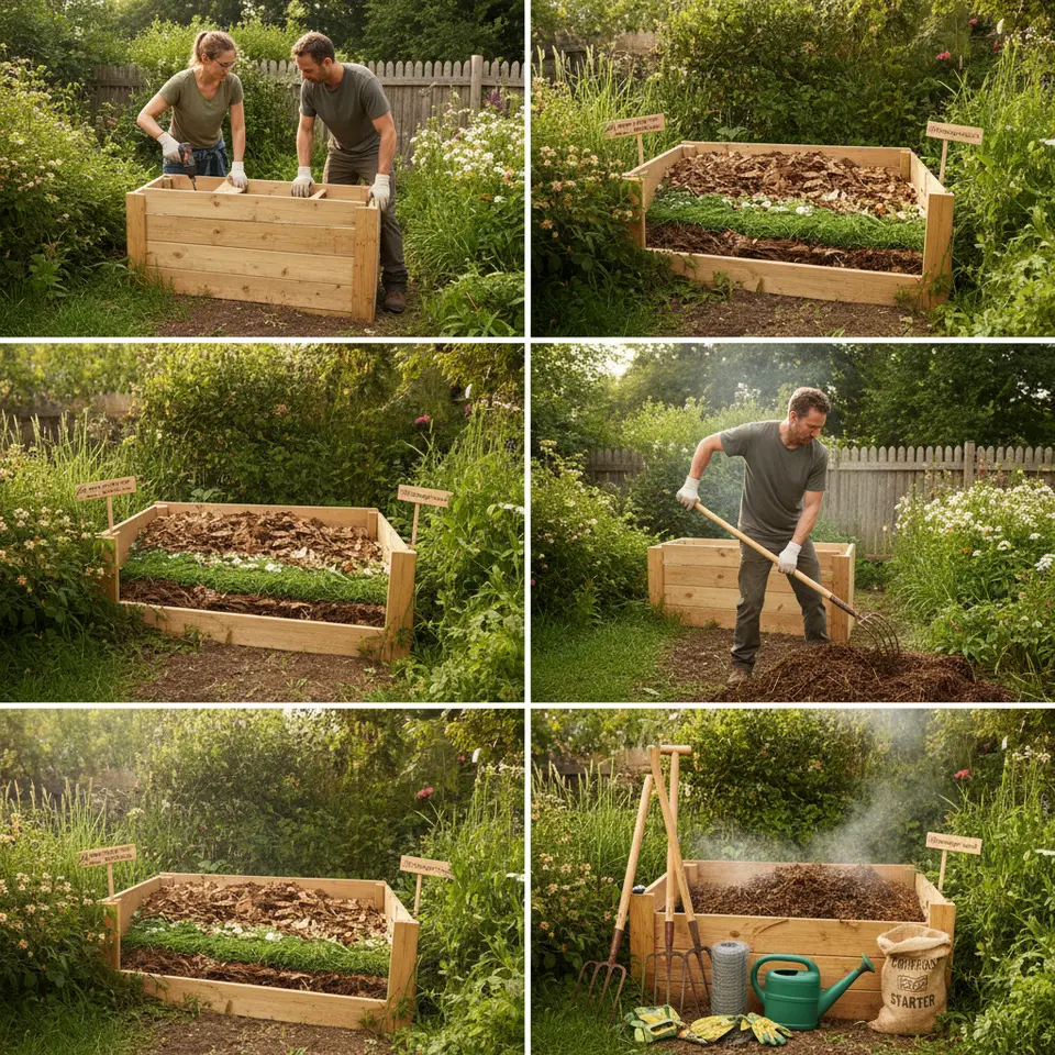 A step-by-step, hands-on DIY illustration of building a backyard compost bin: wooden frame assembly, alternating layers of green and brown waste, turning compost with a fork, labeled eco-tools and materials, set in a lush garden environment.