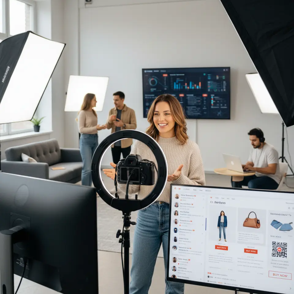 A dynamic live commerce streaming setup: a host stands in a well-lit studio with ring lights and a camera, multiple monitors display real-time chat, shoppable overlays featuring QR codes and clickable product links, and team members coordinate via a live analytics dashboard in the background.