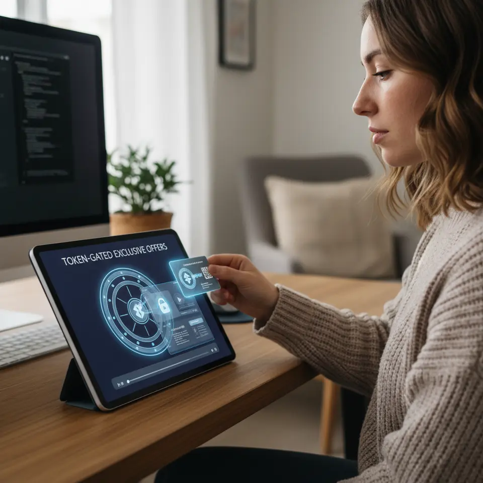 Token-Gated Exclusive Offers: a visual of a digital gate or vault door secured by an NFT key card, opening to reveal premium content (e.g., a locked video screen or document stack), conveying the concept of exclusive access granted only to verified token holders